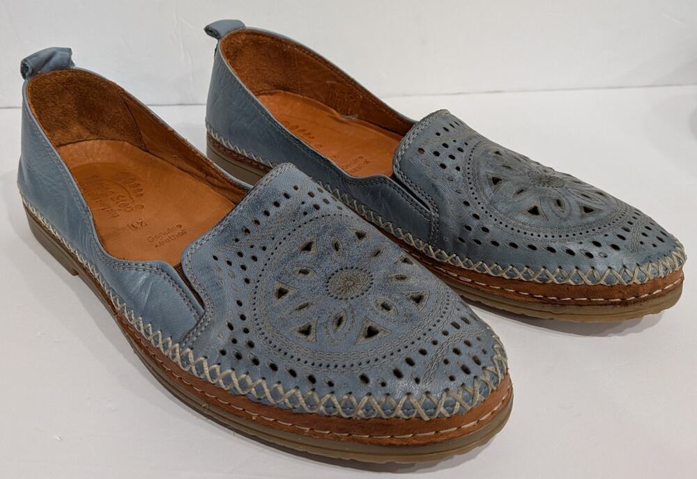 Blue Leather Loafers Laser Cut Spring Step Ingrid Sky Women's Size 41 US 9.5-10